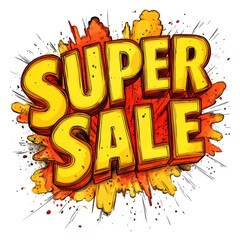 Poster - A vibrant graphic design announces a super sale with explosive, three-dimensional lettering in yellow and orange.