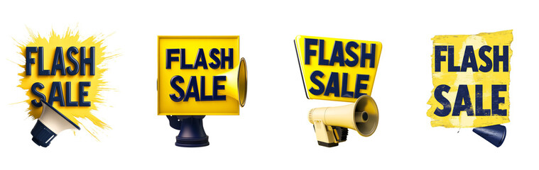 Aufkleber - Four variations of a flash sale announcement graphic with megaphones, emphasizing urgency and discounts.