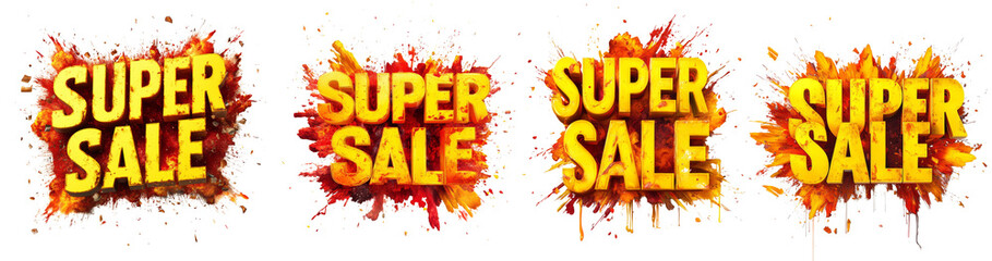 Aufkleber - The image showcases four vibrant  Super Sale announcements, each set against an explosive paint splatter background.