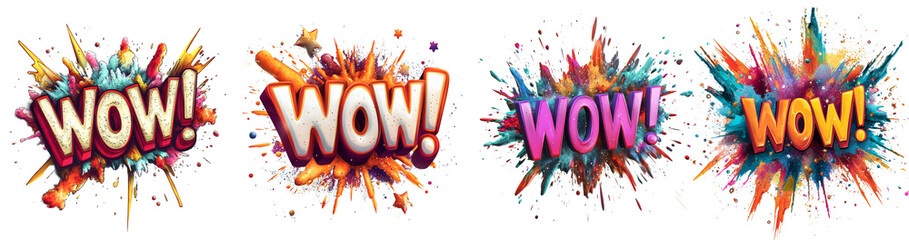 Aufkleber - Four vibrant Wow exclamations are depicted within colorful paint splatter explosions against a black background.