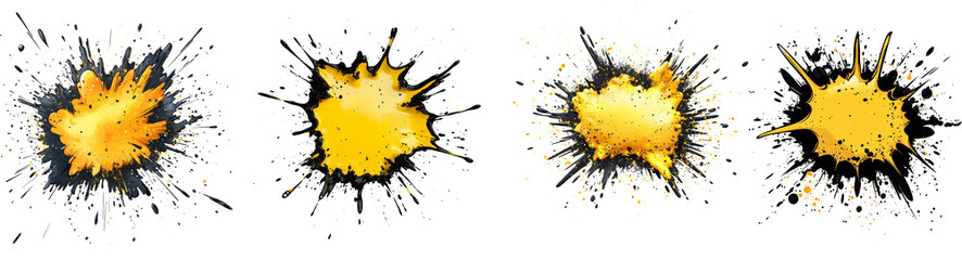 Poster - Four dynamic abstract images depict yellow paint explosions with black splatter against a black background.