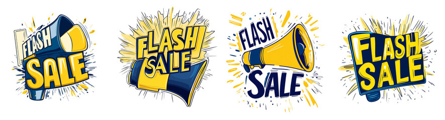 Poster - Four vibrant designs announce a flash sale using megaphones and bold typography.