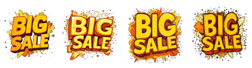 Poster - The image displays four variations of a stylized Big Sale announcement graphic with a vibrant color scheme and a comic book-style explosion effect.