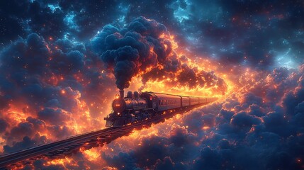 A surreal artwork of a train moving across floating tracks through a dreamlike sky filled with glowing clouds