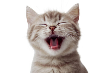 Adorable little cat yawning with playful expression isolated on transparent background.