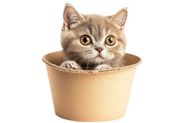 Fototapete - Curious little cat peeking out of a small brown container with wide round eyes isolated on transparent background.