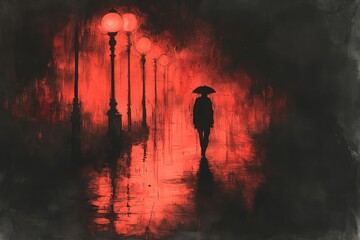 Wall Mural - Solitary figure, umbrella, red-lit rainy street.