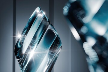 Poster - A mesmerizing teal glass sculpture, seemingly translucent, with internal striations and subtle light flares.
