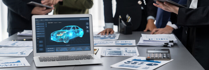 Poster - electric car design software on computer screen showing simulation blueprint brisk by digital calcul