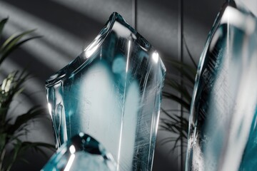 Poster - Teal glass sculptures with etched lines, illuminated by sunlight, stand against a dark gray background, surrounded by greenery.