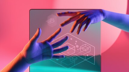 Poster - Two hands reaching towards a futuristic holographic interface displaying geometric shapes and a cryptocurrency symbol.