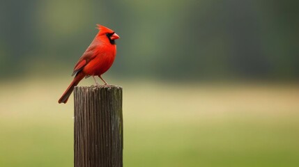 vibrant male northern cardinal perched on a weathered wooden post.