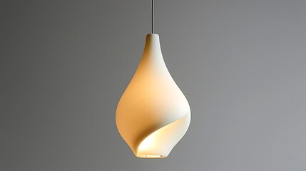 Modern white ceramic pendant lamp lit against a simple gray backdrop