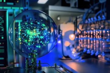 Poster - Innovative technology showcased in a modern laboratory with glowing digital globe