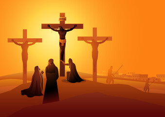 Biblical vector illustration series. Way of the Cross or Stations of the Cross, twelfth station. Mary the Mother of Jesus, John the beloved disciple and Mary of Magdala at the Crucifixion 