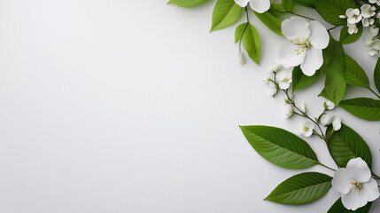 Wall Mural - White background with green leaves and flowers. Minimalistic background.