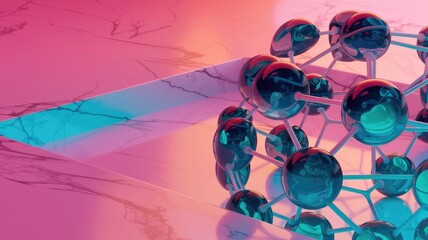 Poster - Abstract 3D rendering of a molecule structure on a pink and teal marble surface.
