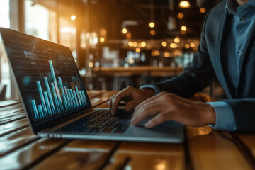 Aufkleber - man is typing on a laptop in a restaurant. The laptop screen shows a graph with a downward trend. The man is focused on the graph and typing on the keyboard. Scene is serious and focused