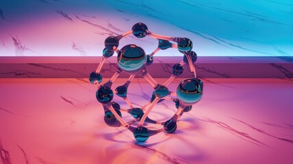Poster - Abstract 3D render of a molecule model with interconnected spheres and rods, illuminated with vibrant pink and blue neon lighting.