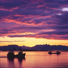 Wall Mural - picturesque sunset over alaskan bay with fishing boats