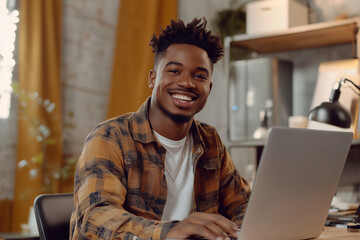 Poster - man with a smile on his face is sitting at a desk with a laptop in front of him