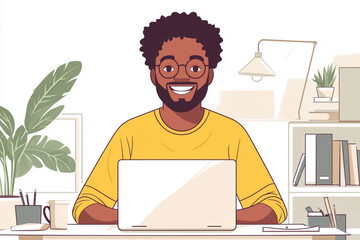 Poster - man is sitting at a desk with a laptop in front of him. he is smiling and he is happy. the room is d