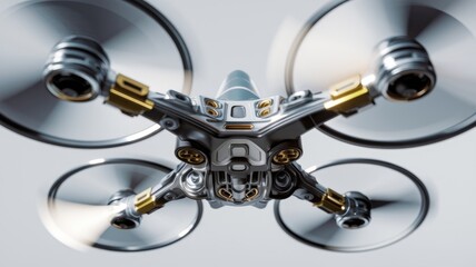 Poster - Futuristic drone design with four rotors, metallic grey and gold accents, viewed from below.