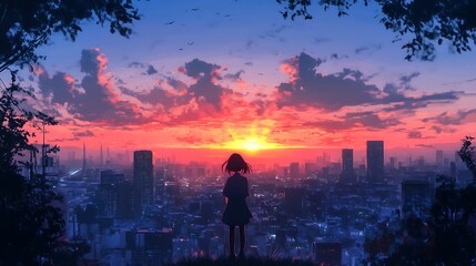 Wall Mural - Sunset Cityscape: A Girl's Silhouette Against Vibrant Hues