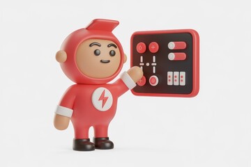 Poster - A 3D-rendered superhero character interacts with a control panel, showcasing advanced technology.