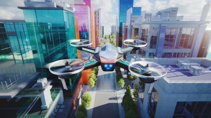 Poster - A futuristic drone flies over a vibrant city, showcasing advanced technology and urban integration.