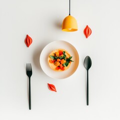 Food dish with tomatoes and green leaves served on a white table, top view