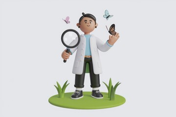 Poster - A 3D animated scientist examines butterflies with a magnifying glass, surrounded by nature.