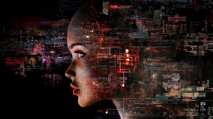 Aufkleber - Futuristic female AI portrait with digital circuits, cyber technology, artificial intelligence, and high-tech neural network concept, Generative AI