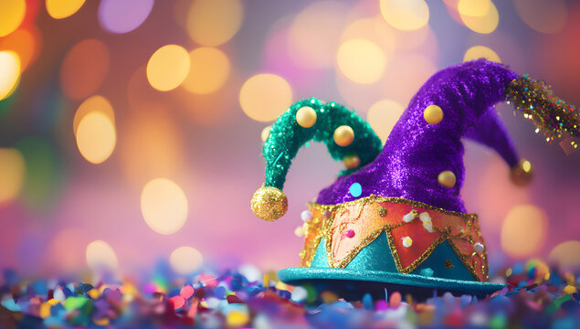Jester hat with equipment and confetti on a blurred background