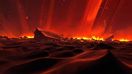 Wall Mural - Dramatic volcanic landscape showing molten lava flowing in a fiery environment with striking red and orange hues