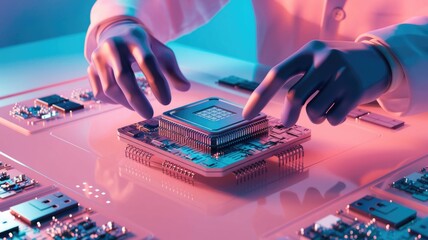 Poster - Gloved hands carefully place a microprocessor onto a circuit board, showcasing advanced technology.
