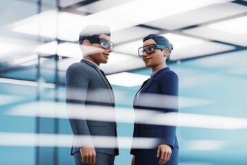 Poster - Two business professionals wearing smart glasses collaborate in a modern office space.