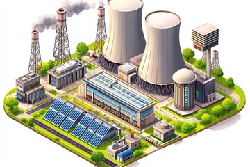 Aufkleber - Isometric industrial factory integrating solar panels, renewable energy, and sustainable infrastructure, representing future-oriented green manufacturing and efficient energy solutions, Generative AI