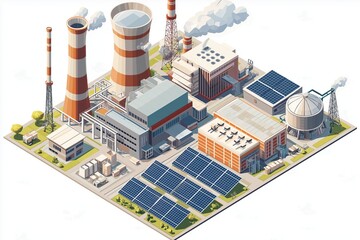 Aufkleber - Isometric industrial factory integrating solar panels, renewable energy, and sustainable infrastructure, representing future-oriented green manufacturing and efficient energy solutions, Generative AI