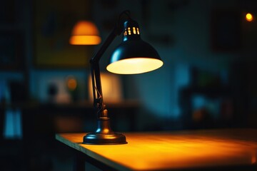 Poster - Desk lamp illuminates workspace in a cozy room during the evening hours