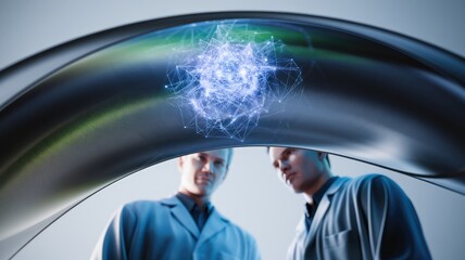Poster - Two scientists observe a complex network of data points, visualized as a glowing sphere, within a futuristic interface.