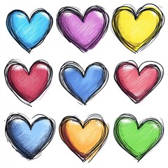 Poster - Nine hearts in various colors and styles fill the grid with vibrant designs and playful aesthetics