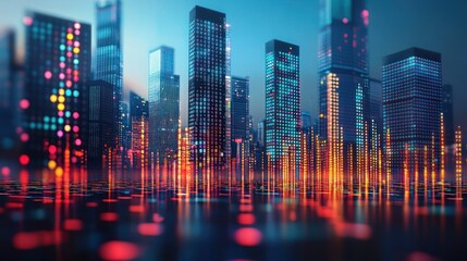 Poster - Modern city skyline features vibrant lights reflecting on the surface during twilight