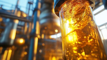 Poster - Golden liquid inside a transparent glass pipeline with an industrial refinery in the background, representing petroleum processing, energy transition, and refinement, Generative AI