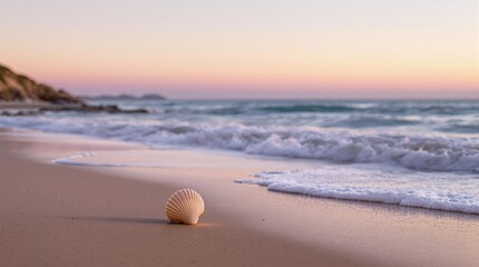 Sticker - Serene sunset beach with seashell on sandy shoreline and gentle waves