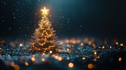 Poster - Beautiful Christmas tree decorated with sparkling gold lights and stars on top, radiating festive cheer isolated on dark background