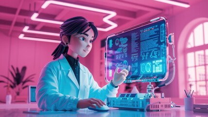 Poster - A cartoon scientist in a futuristic lab interacts with a holographic computer screen, analyzing data.