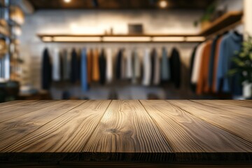 Poster - Wooden Tabletop Display Empty Brown Rustic Shop Boutique Clothes Fashion Apparel Retail Store Background dark warm style plank grain light clean image photo    