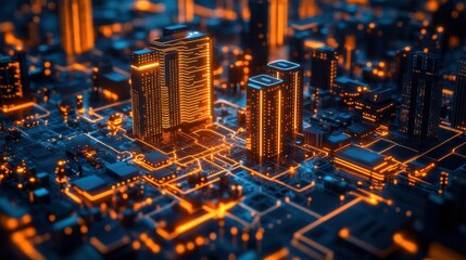 Poster - Digital cityscape illuminated by shining buildings presents a beautiful sight and symbolizes finance and technology
