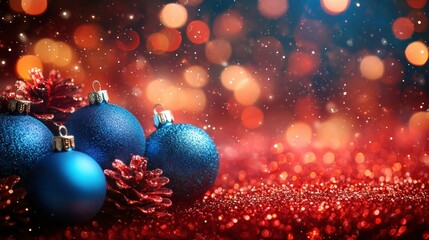 Poster - Celebration featuring blue ornaments with sparkling red lights isolated on blurred background